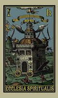 Tarot korta Ecclesia Spiritualis su alegorine architektūros iliustracija, sodriomis žaliomis, rudos ir geltonos spalvos akcentais, rodoma iš priekio