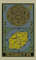 tarot korta The Kingdom of God su auksiniu ir tamsiai mėlynu simbolių piešiniu, priekinis dizainas