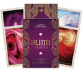 Rumi Oracle kortos su purpurine auksuota dėžute (Alana Fairchild) ir keliomis atverstomis iliustruotomis kortomis