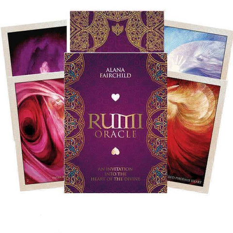 Rumi Oracle kortos su purpurine auksuota dėžute (Alana Fairchild) ir keliomis atverstomis iliustruotomis kortomis