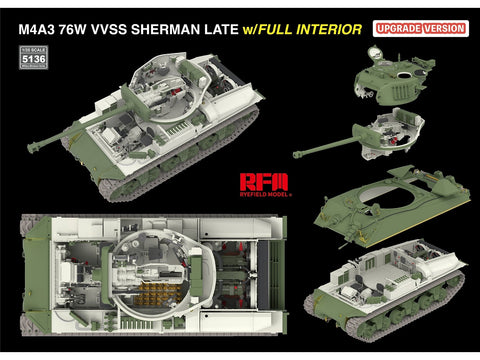 Rye Field M4A3 Sherman 76W VVSS vėlyvas, su pilnu interjeru, 1/35 (RFM-5136)