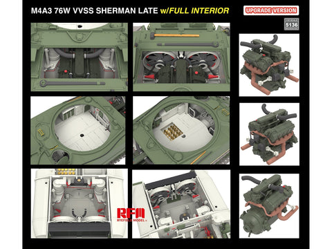 Rye Field M4A3 Sherman 76W VVSS vėlyvas, su pilnu interjeru, 1/35 (RFM-5136)