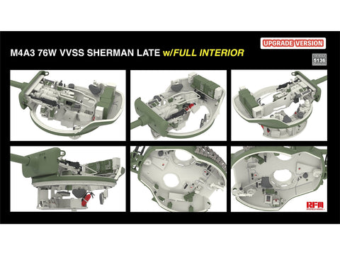 Rye Field M4A3 Sherman 76W VVSS vėlyvas, su pilnu interjeru, 1/35 (RFM-5136)