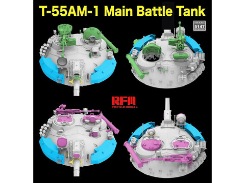 Rye Field T-55AM-1 tanko modelis 1/35 su judančiais vikšrais
