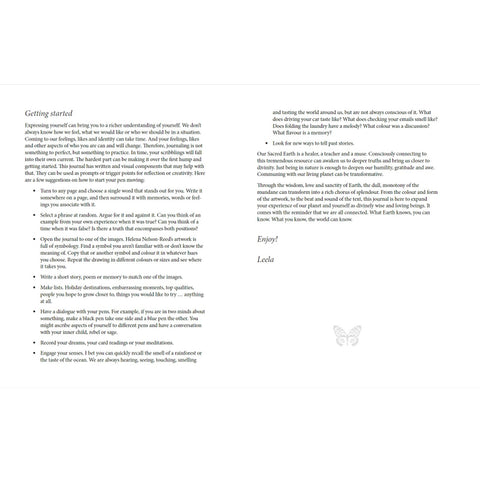 Dienoraštis atverstas: puslapių instrukcijos „Getting started“ su rašymo patarimais, punktuota lista ir maža drugelio emblema