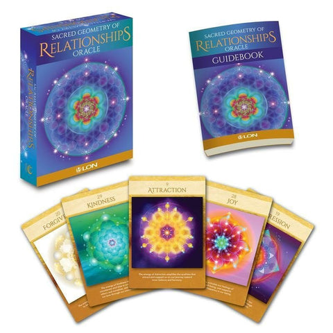 Orakulų kortos Sacred Geometry of Relationships — LON komplektas su dėžute, vadovu ir keliomis atverstomis spalvotomis mandalų kortomis