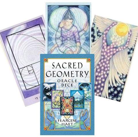 Sacred Geometry oracle kortų rinkinys Francene Hart — mėlyna dėžutė priekyje ir trys pavyzdinės kortos su geometrinėmis ir angelų iliustracijomis