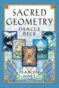 Orakulo kortų rinkinys Sacred Geometry, mėlynas viršelis su autoriaus Francene Hart vardu ir penkiomis demonstracinėmis kortomis