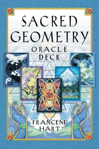 Orakulo kortų rinkinys Sacred Geometry, mėlynas viršelis su autoriaus Francene Hart vardu ir penkiomis demonstracinėmis kortomis