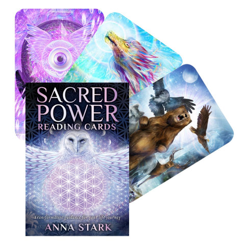 Skaitymo kortos Sacred Power Anna Stark su violetiniu pelėdos viršeliu ir keliomis spalvingomis gyvūnų kortomis