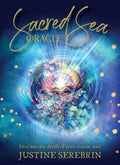 Oracle kortos „Sacred Sea“ — Justine Serebrin mėlynas ir auksinis viršelis su spindinčia jūrine mandala, skirtos intuityviems būrimo seansams