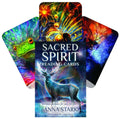Skaitymo kortos Sacred Spirit su dėklu: elnių viršelis ir trys ryškios nugarėlės (varlė, saulė, žmogaus veidas)