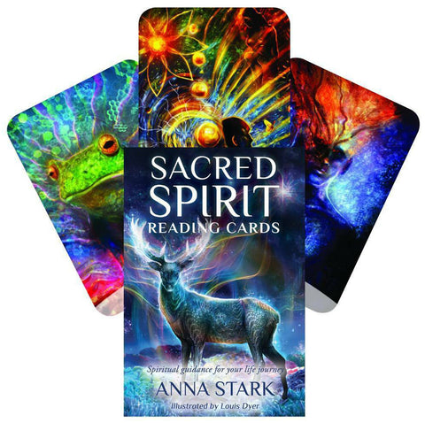 Skaitymo kortos Sacred Spirit su dėklu: elnių viršelis ir trys ryškios nugarėlės (varlė, saulė, žmogaus veidas)