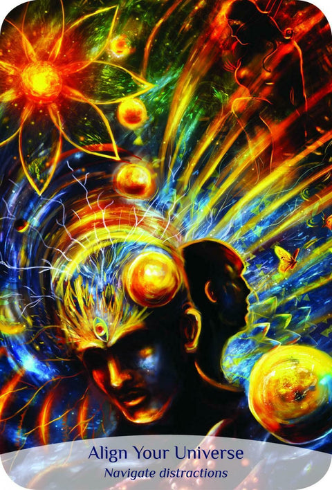 Orakulų kortos Align Your Universe su ryškiais kosminiais portretais ir energijos simbolika, skirtos dėmesio sutelkimo praktikai
