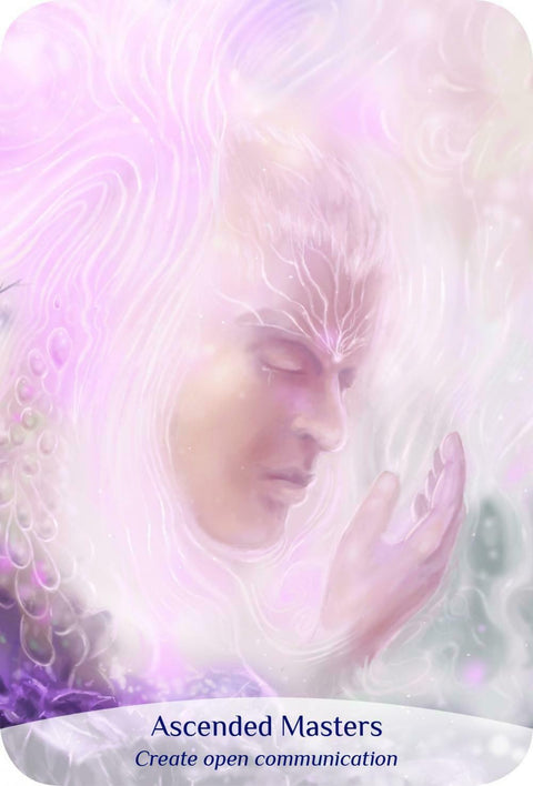 Korta "Ascended Masters" rožinės‑violetinės spalvos mistinis portretas, skatinantis atvirą bendravimą