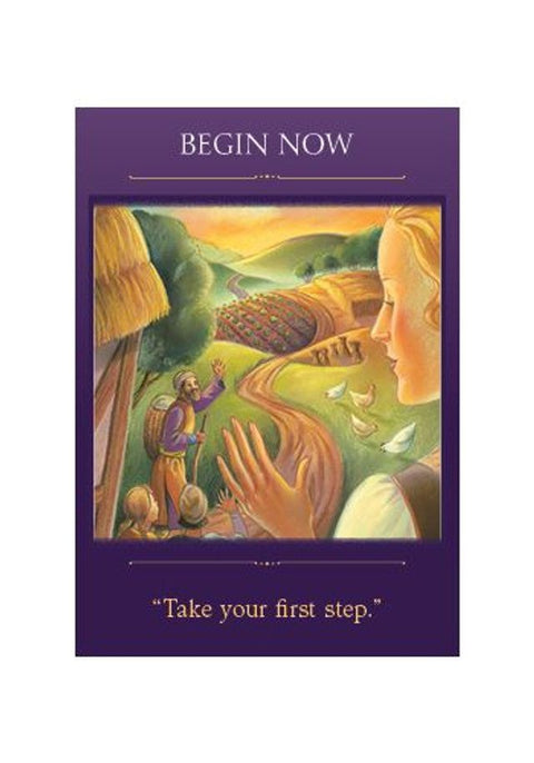 Orakulų korta su violetiniu rėmeliu ir kaimo iliustracija, moters profiliu ir užrašu Take your first step, rodanti pagrindinį dizainą