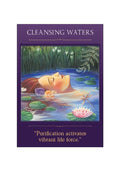 Orakulų korta Cleansing Waters – priekinė kortos pusė su plaukiančia moterimi, lelija ir violetiniu rėmu