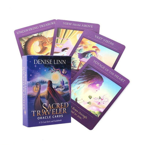 Oracle kortos Sacred Traveler, Denise Linn, violetinė dėžutė su vadovu ir penkios atvertos iliustruotos kortos