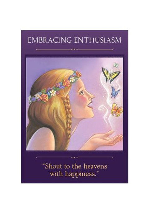 Plakatas "Embracing Enthusiasm" – violetinis rėmas, moters profilis su gėlių vainiku ir skraidančiais drugeliais, įkvepiantis tekstas apačioje
