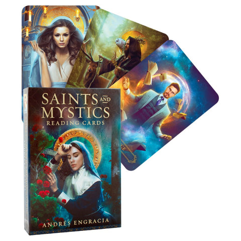 Skaitymo kortos Saints and Mystics (Engracia), tamsiai mėlyna dėžutė su trimis išskleistomis ikoniškomis kortelėmis