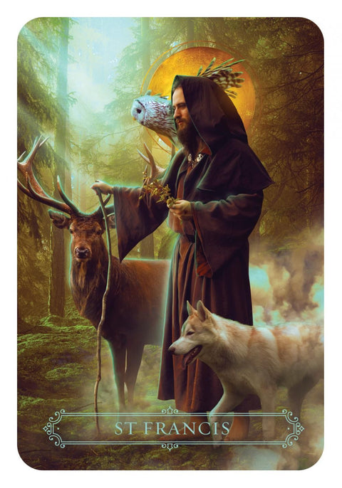 St. Pranciškus plakatas su miškingu mistiniu dizainu, aukso halė aplink galvą, elnias, vilkas ir pelėda, 30×45 cm