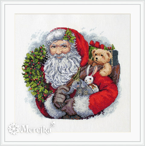 Siuvinėjimo rinkinys Santa su vainiku ir žaislais, raudonas kostiumas, detalus kryželių dizainas