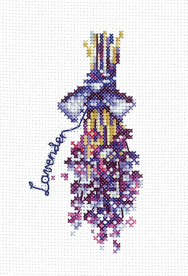 Kryželių rinkinys: vertikali levandų puokštė su užrašu "Lavender", daugiaspalvė detalė vidutinio sudėtingumo siuvimui
