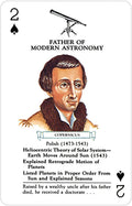Istorinė korta Kopernikas su teleskopu viršuje, portretu ir biografiniu tekstu apie heliocentrizmą, skirtas kolekcijai