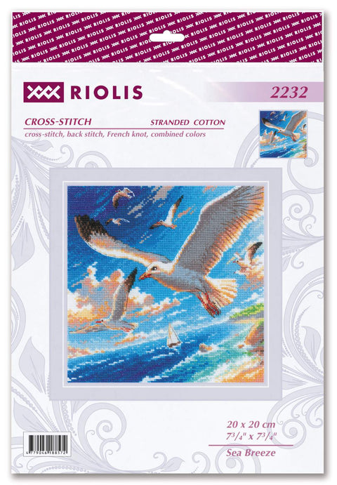 kryželių rinkinys Riolis Sea Breeze 20×20 cm, jūros peizažas su skraidančiais kėkštais ir burlaiviu mėlyname fone