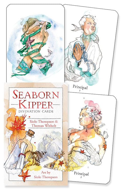 Seaborn Kipper divinacijos kortos – dėžutė su akvareliniais jūros motyvais ir keturiomis pavyzdinėmis kortomis