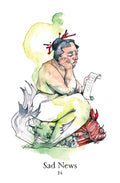 Tarot korta „Sad News“ akvarelinė iliustracija: žalsva mermaidė skaito laišką, raudonas žuvies simbolis, nr. 14