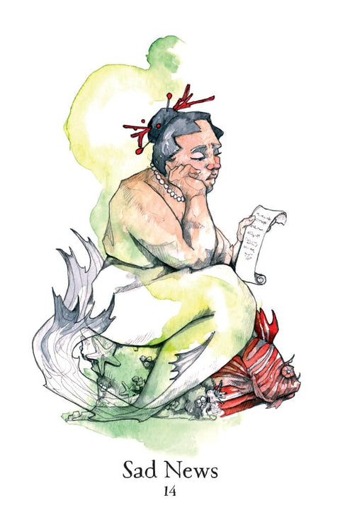 Tarot korta „Sad News“ akvarelinė iliustracija: žalsva mermaidė skaito laišką, raudonas žuvies simbolis, nr. 14