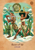 tarot korta Root of Air: žalia‑mėlyna iliustracija su dviem kariais, pakeltomis kardais ir tyrinėjimo žinute