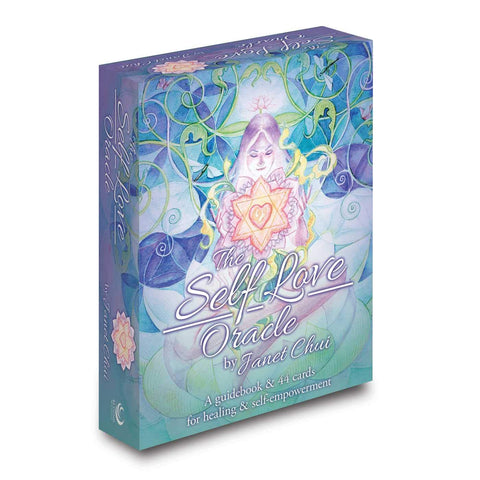 Orakulų kortos „Self Love“ dėžutėje, Janet Chui iliustracijos, pastelinės mėlynos ir violetinės spalvos, 44 kortos