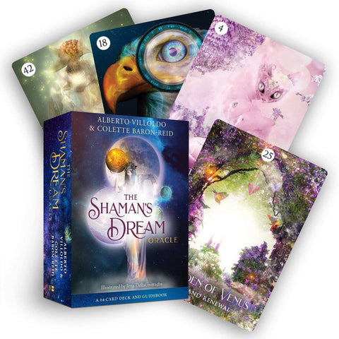 Orakulo kortos The Shaman's Dream, 64 kortų rinkinys su spalvinga dėže ir keliais išskleistais kortų variantais