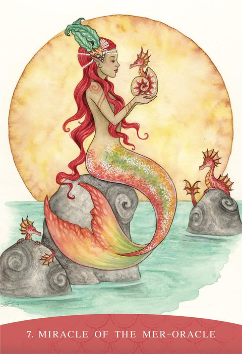 Orakulo korta Miracle of the Mer‑Oracle 7 numerio priekis su raudonplauke sirena ir spalvota akvarele meditacijai