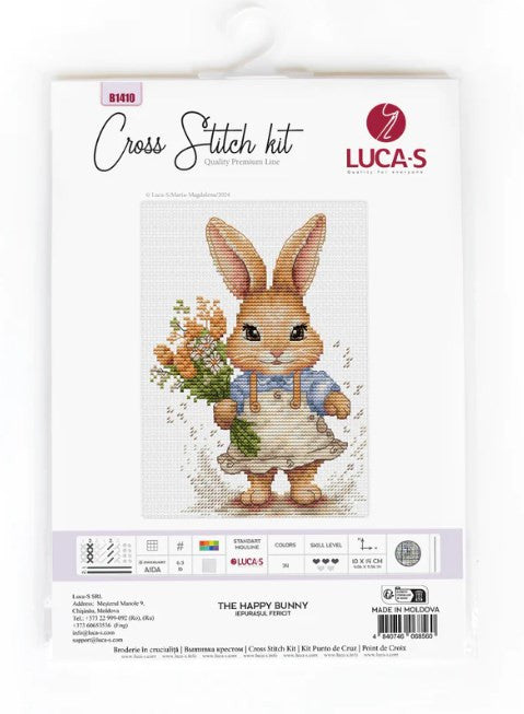 Kryželių rinkinys LUCA-S The Happy Bunny – pakuotė su rudu kiškiu, nešiotu gėlių puokšte ir dizaino peržiūra
