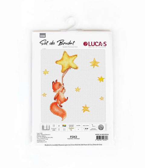 Kryželių rinkinys Luca‑S su oranžine lape ir geltonomis žvaigždėmis baltoje pakuotėje, rodantis visą komplektą ir dizainą