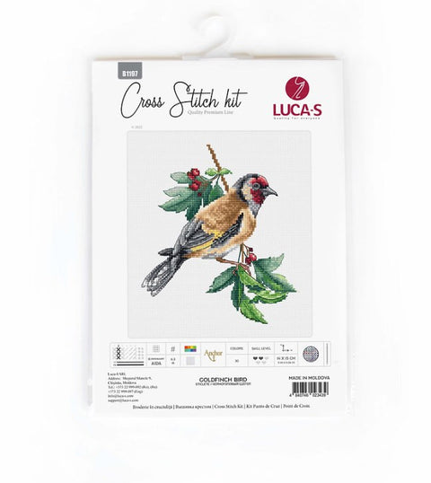 Kryželių rinkinys LUCA‑S su geltonos ir raudonos spalvos paukščio motyvu ant šakos, Aida audinys, pakuotės priekinė dalis