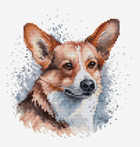 kryžiuko siuvinėjimo rinkinys corgi portretas, užbaigtas šiltais rudos ir baltos spalvų atspalviais, artimas fragmentas