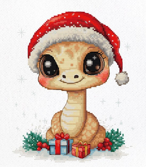 Siuvinėjimo rinkinys: mielas dinozauras su raudona Kalėdų kepure, maža 20×20 cm versija, puiki dovanų idėja