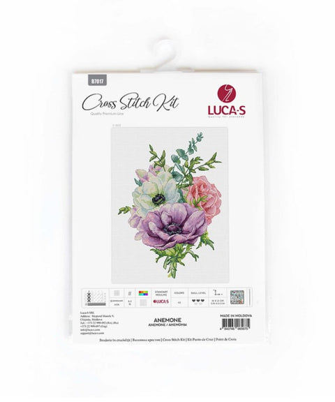 Kryželių siuvinėjimo rinkinys Luca‑S Anemone su violetinių ir rožinių žiedų motyvu ant baltos pakuotės