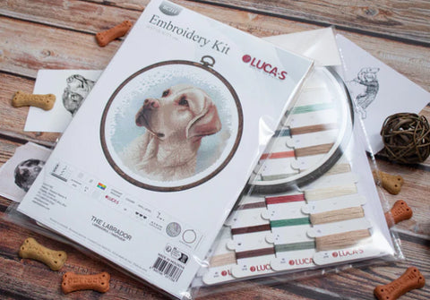 Siuvinėjimo rinkinys Lucas "Labrador" su mediniu lankeliu ir spalvotomis siūlų kortelėmis pakuotėje, fotografuotas iš viršaus