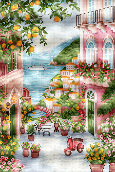 Kryželiu siuvinėjimo rinkinys Positano, 17,5x26 cm – 32 spalvos, Aida 16