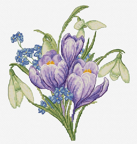 Siuvinėjimo rinkinys – violetinių krokų ir snieguolių puokštė su mėlynomis neužmirštuolėmis, detalus 20×20 cm modelio siūlių pavyzdys