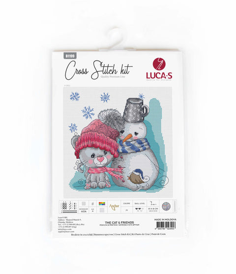 Kryželių rinkinys LUCA‑S – žieminis katės ir besmegenio motyvas su raudona kepure, mėlynu šaliku, pakuotės priekis
