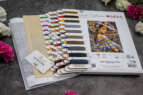 siuvinėjimo rinkinys LUCA‑S "The Mexican Fest" su spalvotų siūlų kortelėmis, languotu audiniu ir žymėta schema