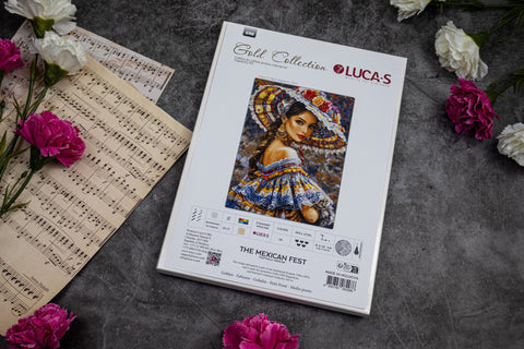 Gobelinas Lucas The Mexican Fest komplektas – baltas pakuotės viršelis su spalvotu meksikietiškos moters portretu, skirtas siuvinėjimui