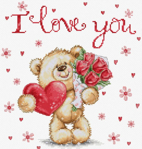 Kryželiu siuvinėta kortelė su rusvu meškiuku, raudona širdimi, raudonomis rožėmis ir užrašu I love you