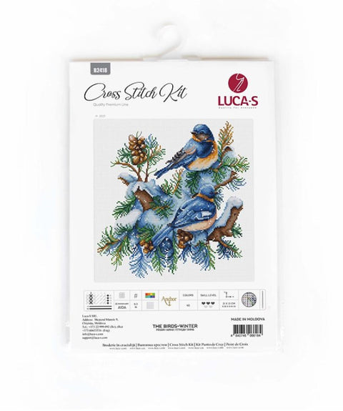 kryželių rinkinys LUCA‑S „The Birds‑Winter“ – mėlyni paukščiai ant snieguotų pušų šakų, pilnas komplektas su siūlais ir schema